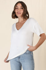 Madi T-Shirt - V Neck Short Sleeve Stretchy Tee in White