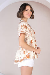 Aster Top - Pull Over Top with Rick Rack Detailing in Piper Print Tan