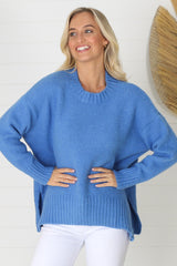 Sammy Jumper - Crew Neck Ribbed Shark Bite Hemline Jumper in Blue