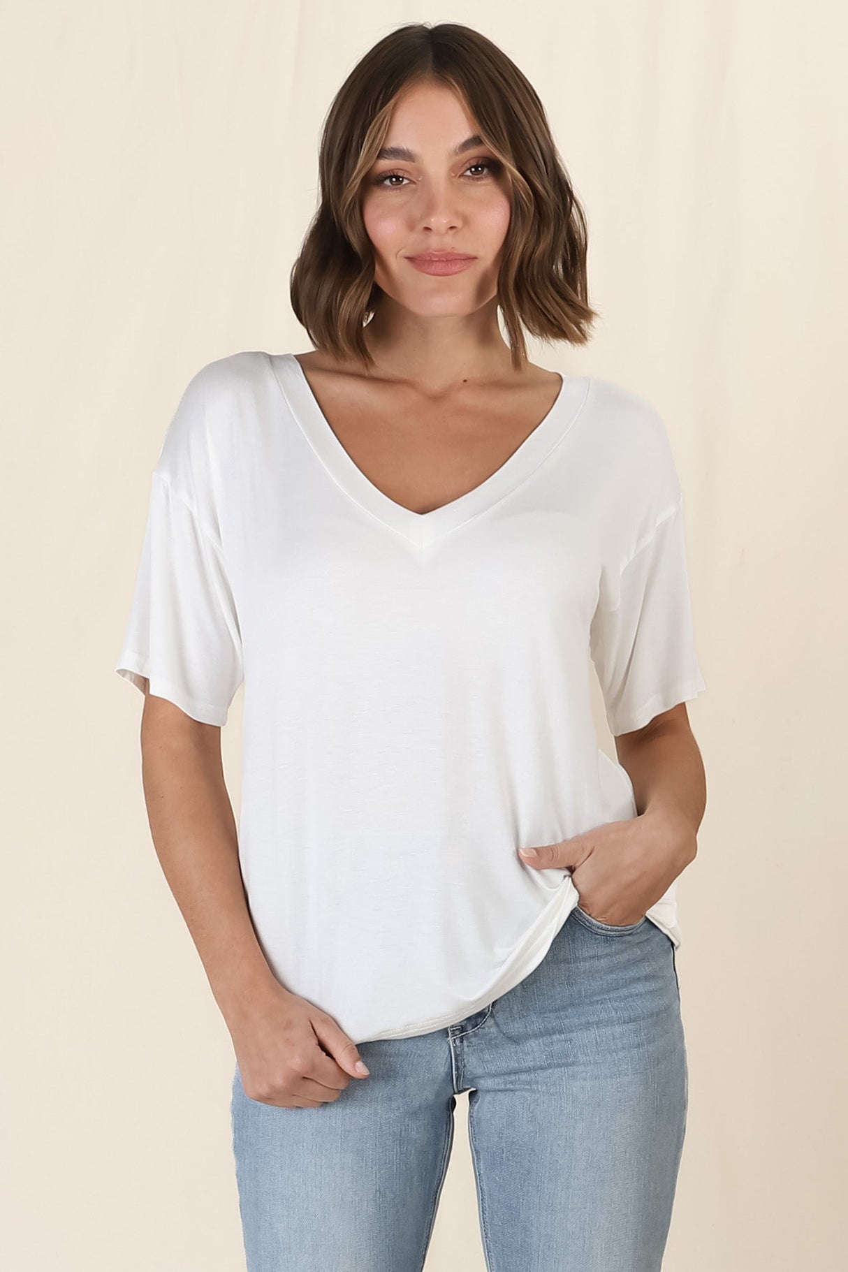 Madi T-Shirt - V Neck Short Sleeve Stretchy Tee in White