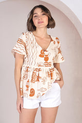 Aster Top - Pull Over Top with Rick Rack Detailing in Piper Print Tan