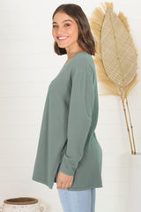 Mayanna Jumper - Light Weight V Neck Knit Jumper with Side Splits in Sage Green