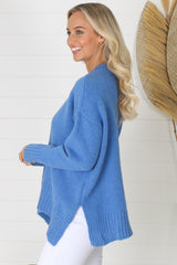 Sammy Jumper - Crew Neck Ribbed Shark Bite Hemline Jumper in Blue