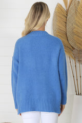 Sammy Jumper - Crew Neck Ribbed Shark Bite Hemline Jumper in Blue