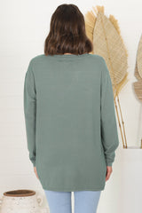 Mayanna Jumper - Light Weight V Neck Knit Jumper with Side Splits in Sage Green