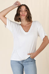 Madi T-Shirt - V Neck Short Sleeve Stretchy Tee in White