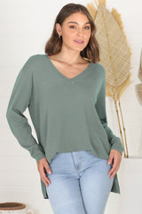 Mayanna Jumper - Light Weight V Neck Knit Jumper with Side Splits in Sage Green