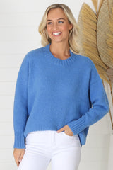 Sammy Jumper - Crew Neck Ribbed Shark Bite Hemline Jumper in Blue