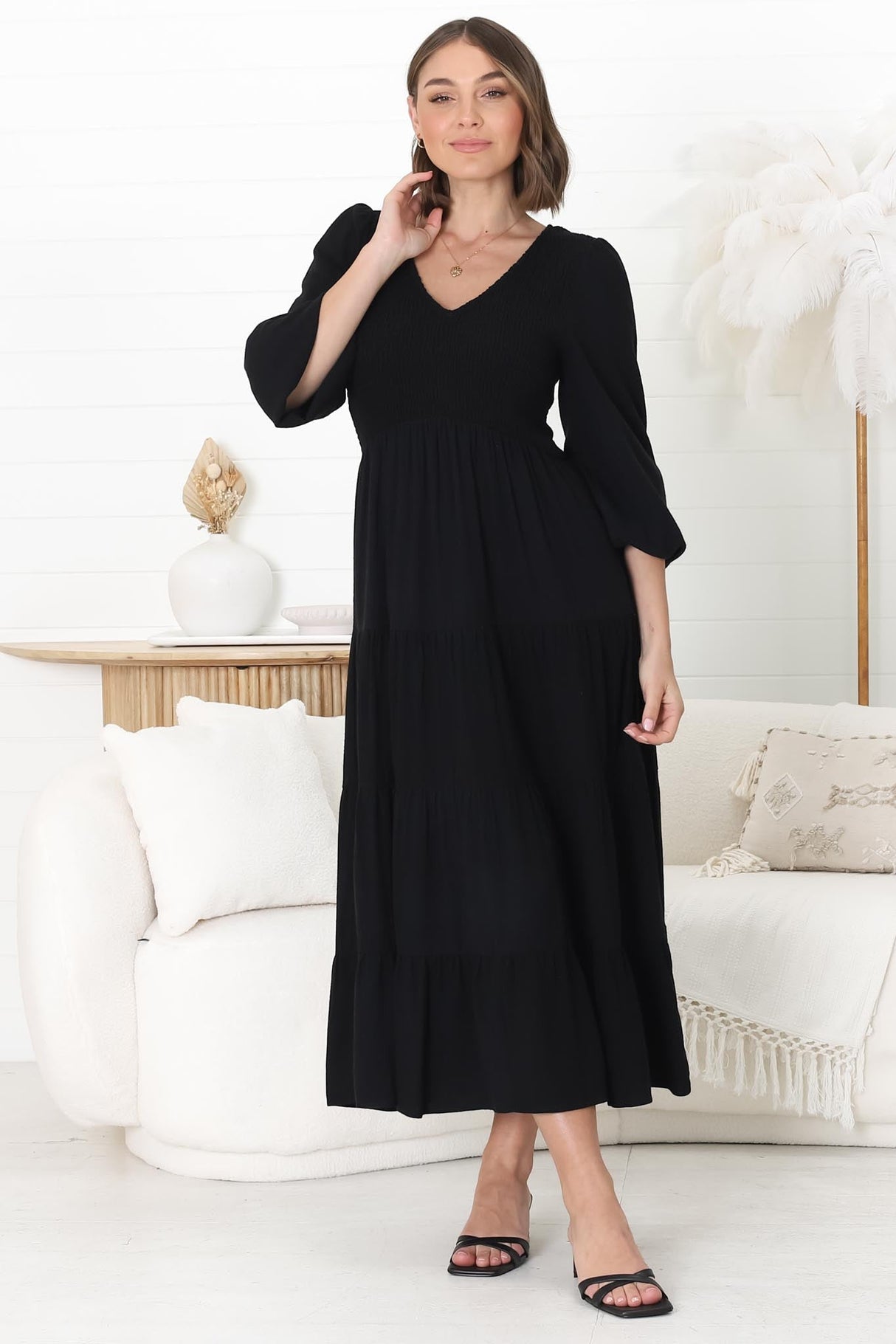 Maive Midi Dress - Shirred Bodice Tiered A Line Dress in Black