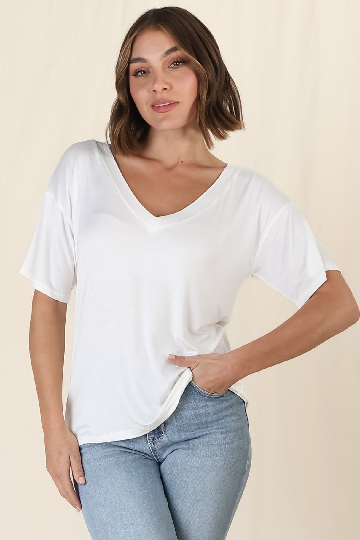 Madi T-Shirt - V Neck Short Sleeve Stretchy Tee in White