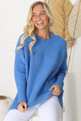 Sammy Jumper - Crew Neck Ribbed Shark Bite Hemline Jumper in Blue