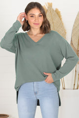 Mayanna Jumper - Light Weight V Neck Knit Jumper with Side Splits in Sage Green