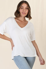 Madi T-Shirt - V Neck Short Sleeve Stretchy Tee in White