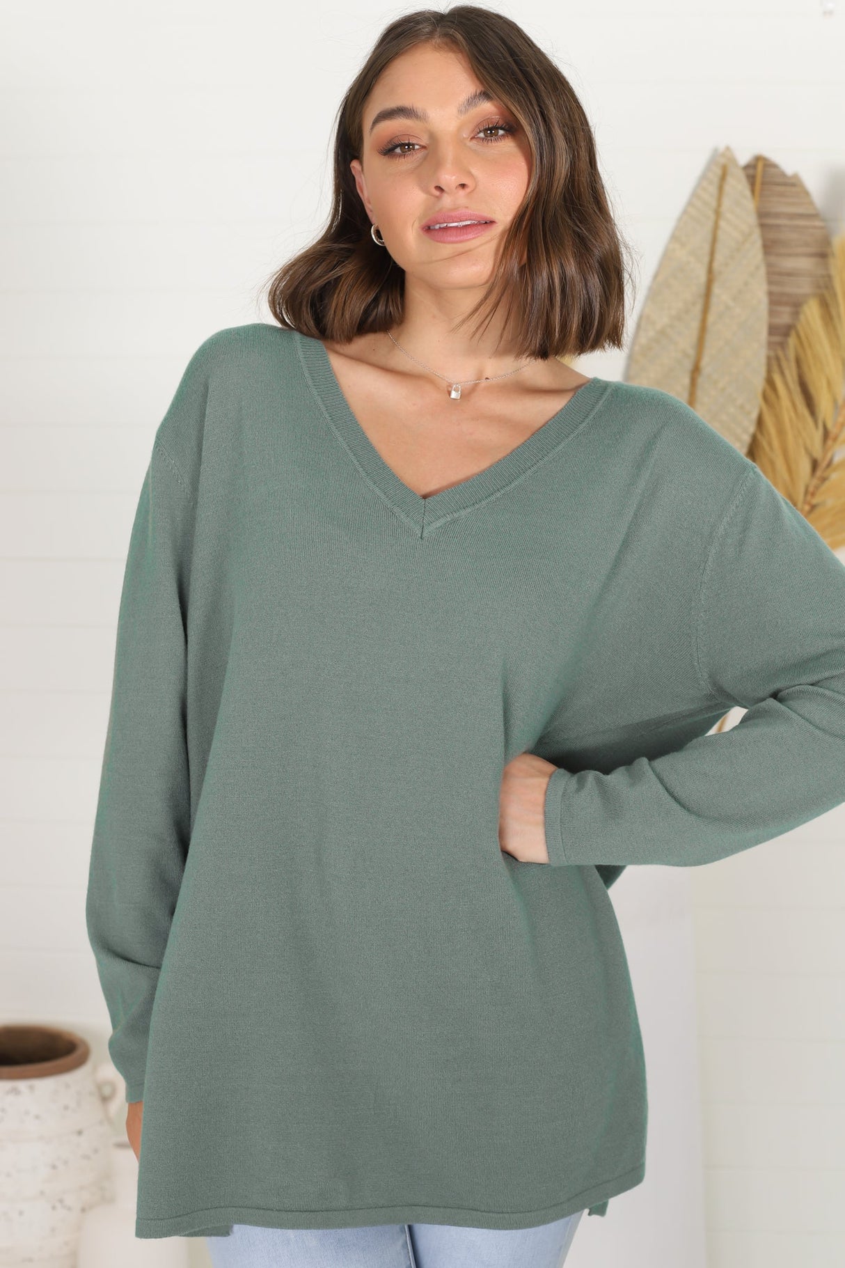 Mayanna Jumper - Light Weight V Neck Knit Jumper with Side Splits in Sage Green