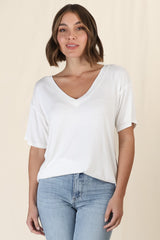 Madi T-Shirt - V Neck Short Sleeve Stretchy Tee in White