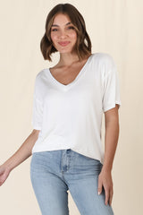 Madi T-Shirt - V Neck Short Sleeve Stretchy Tee in White