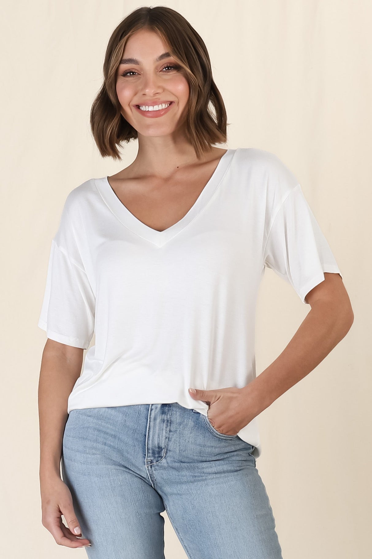 Madi T-Shirt - V Neck Short Sleeve Stretchy Tee in White