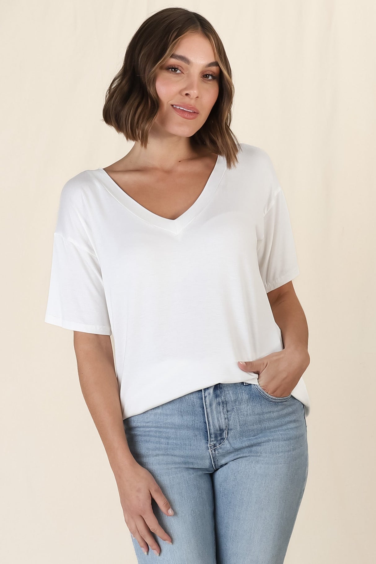 Madi T-Shirt - V Neck Short Sleeve Stretchy Tee in White