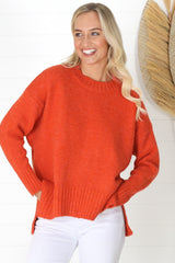 Sammy Jumper - Crew Neck Ribbed Shark Bite Hemline Jumper in Orange