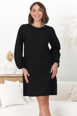 Ivanna Mini Dress - Crew Neck Shift Dress with Balloon Sleeves in Black