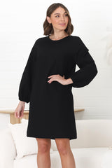 Ivanna Mini Dress - Crew Neck Shift Dress with Balloon Sleeves in Black