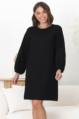 Ivanna Mini Dress - Crew Neck Shift Dress with Balloon Sleeves in Black