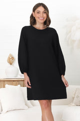 Ivanna Mini Dress - Crew Neck Shift Dress with Balloon Sleeves in Black