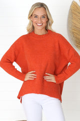 Sammy Jumper - Crew Neck Ribbed Shark Bite Hemline Jumper in Orange