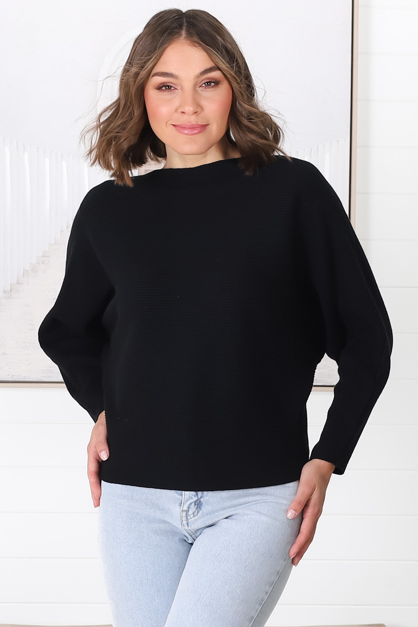 Havanah Knit Top - Boat Neckline Ribbed Top in Black