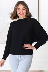 Havanah Knit Top - Boat Neckline Ribbed Top in Black