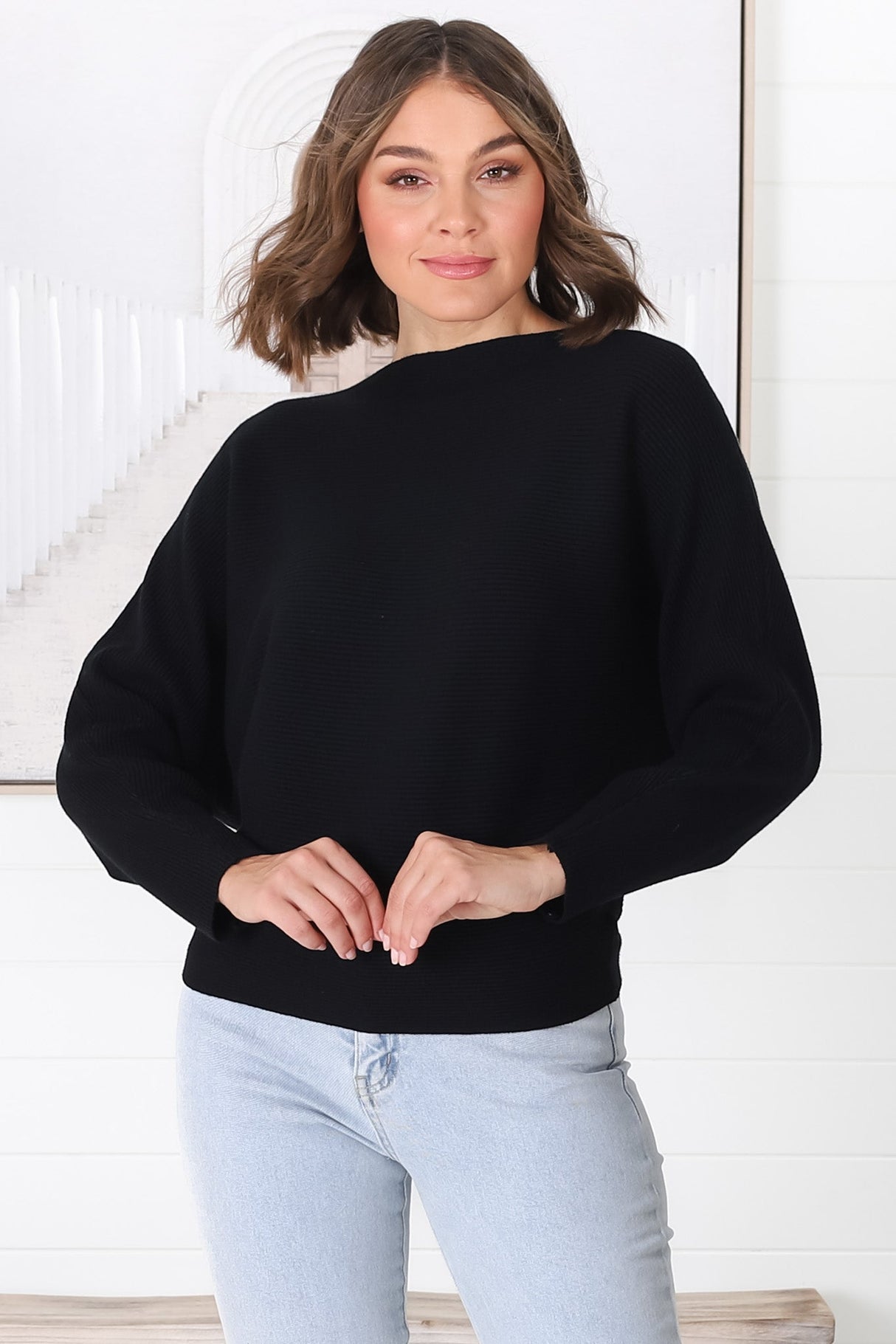 Havanah Knit Top - Boat Neckline Ribbed Top in Black