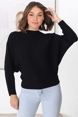 Havanah Knit Top - Boat Neckline Ribbed Top in Black