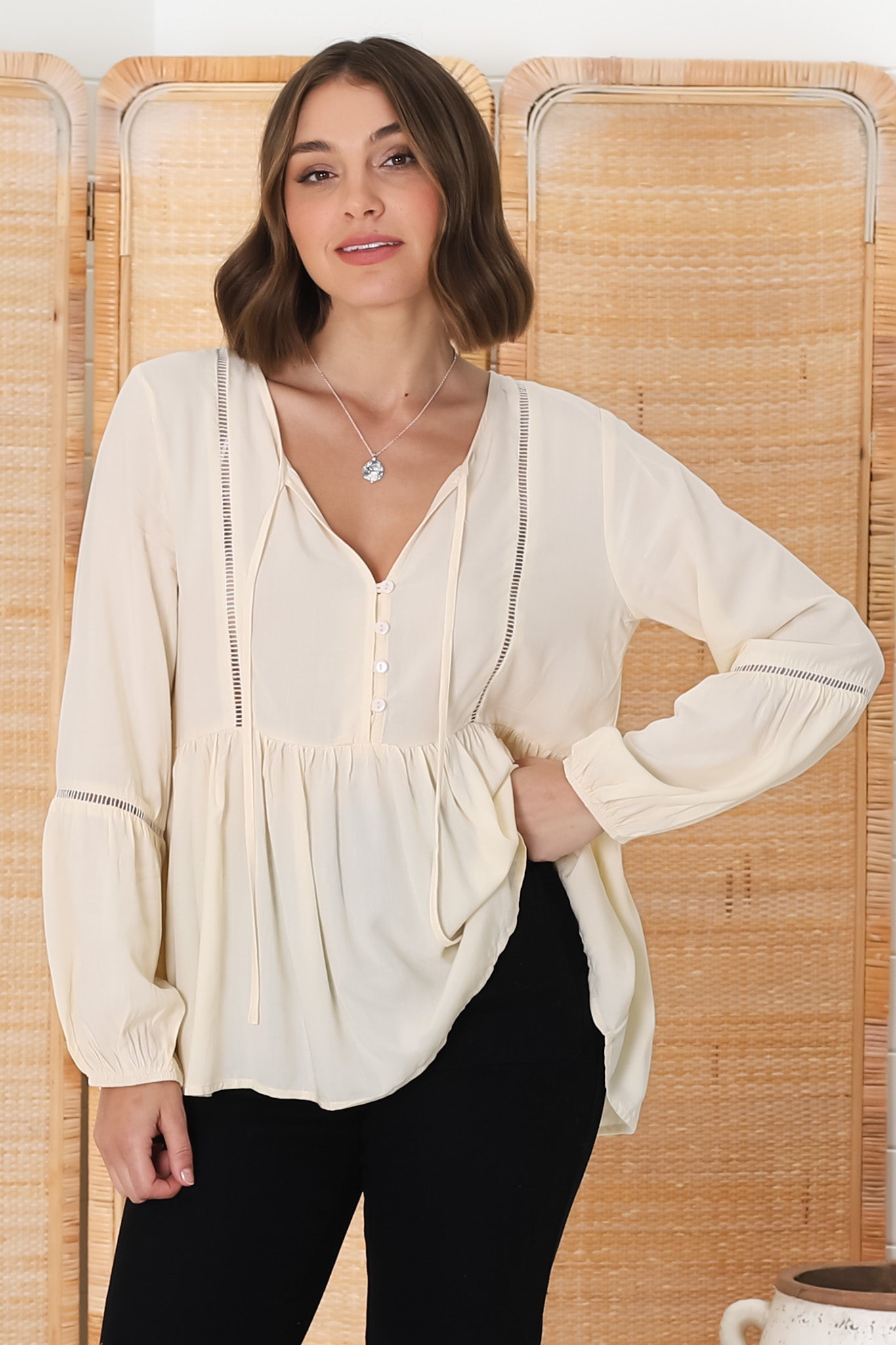 Alexia Top - V Neck Smock Top With Crochet Insert Details In Cream