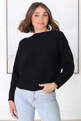 Havanah Knit Top - Boat Neckline Ribbed Top in Black