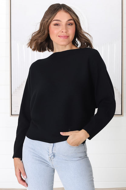 Havanah Knit Top - Boat Neckline Ribbed Top in Black