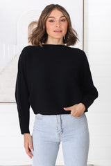 Havanah Knit Top - Boat Neckline Ribbed Top in Black