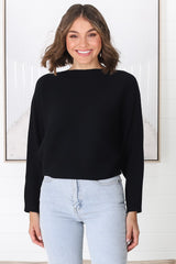 Havanah Knit Top - Boat Neckline Ribbed Top in Black