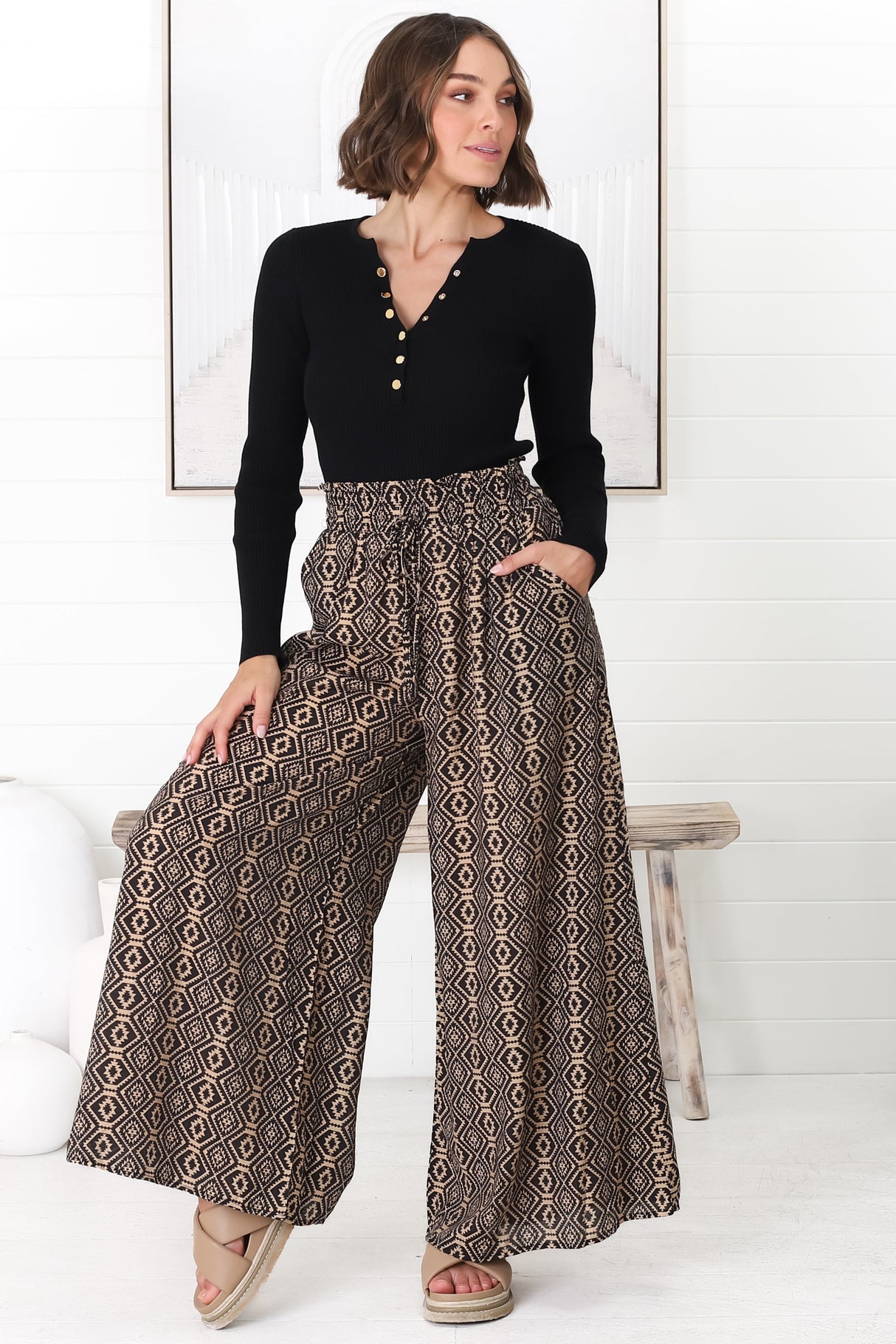 Noah Pants - Elasticated Waist Wide Leg Pant in Archie Print