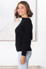 Havanah Knit Top - Boat Neckline Ribbed Top in Black