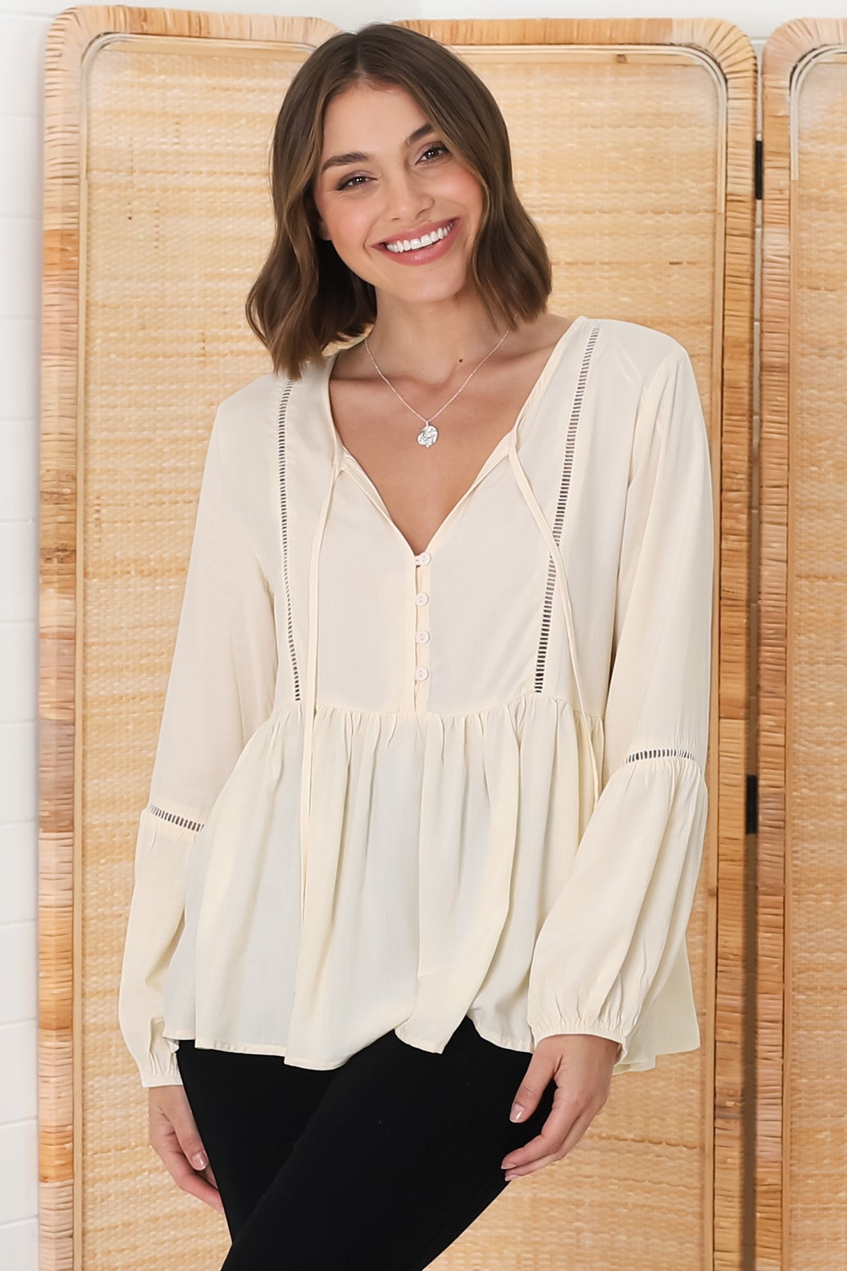 Alexia Top - V Neck Smock Top With Crochet Insert Details In Cream