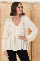 Alexia Top - V Neck Smock Top With Crochet Insert Details In Cream