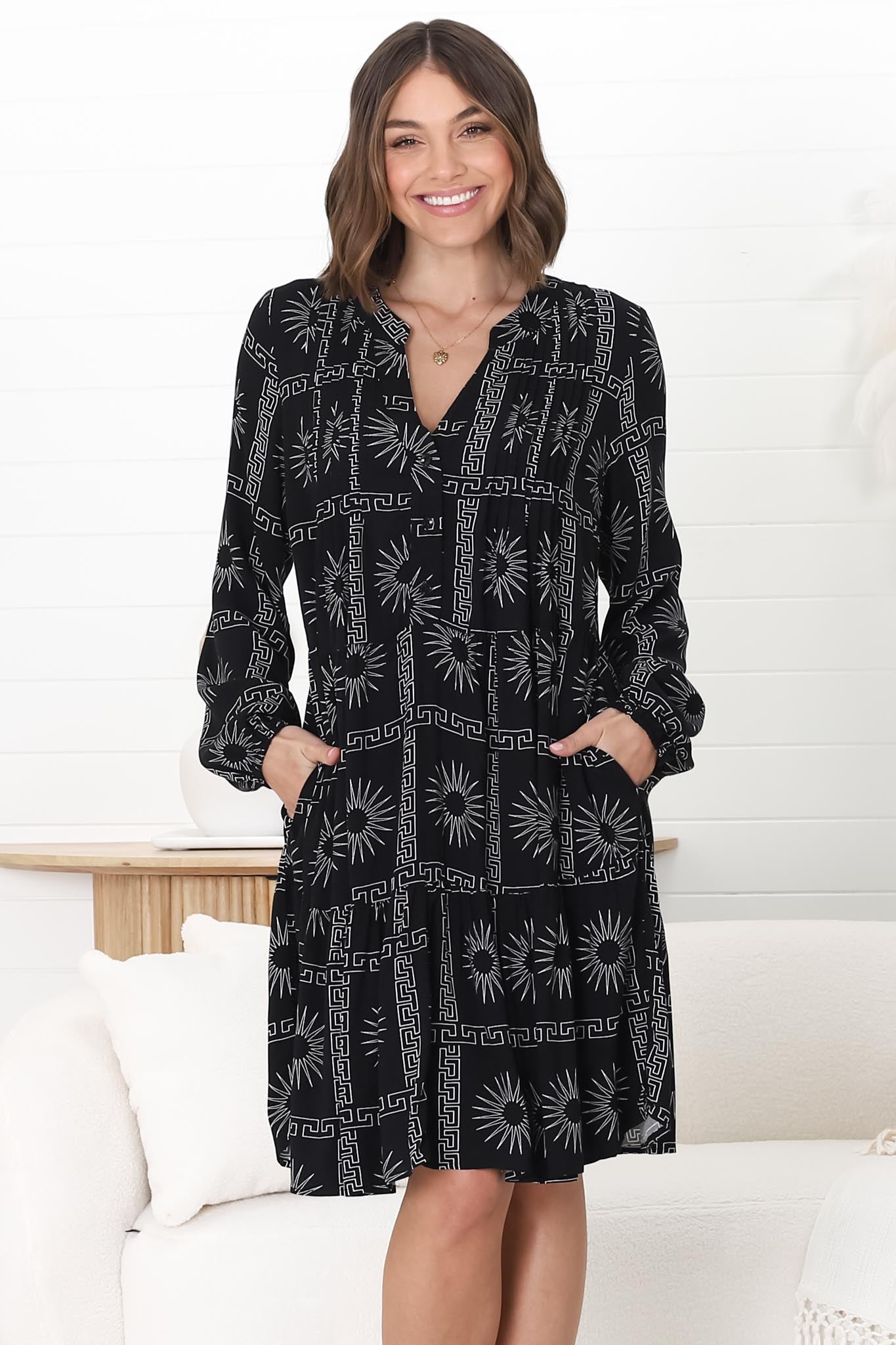 Donna Mini Dress - Mandarin Collar Pintuck Detailed Smock Dress in Astra Print Black