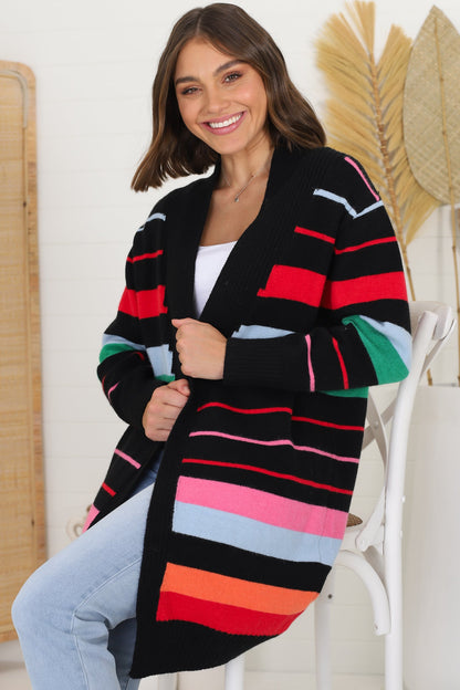 Kodie Cardigan - Open Front Bold Rainbow Stripe Cardigan in Black