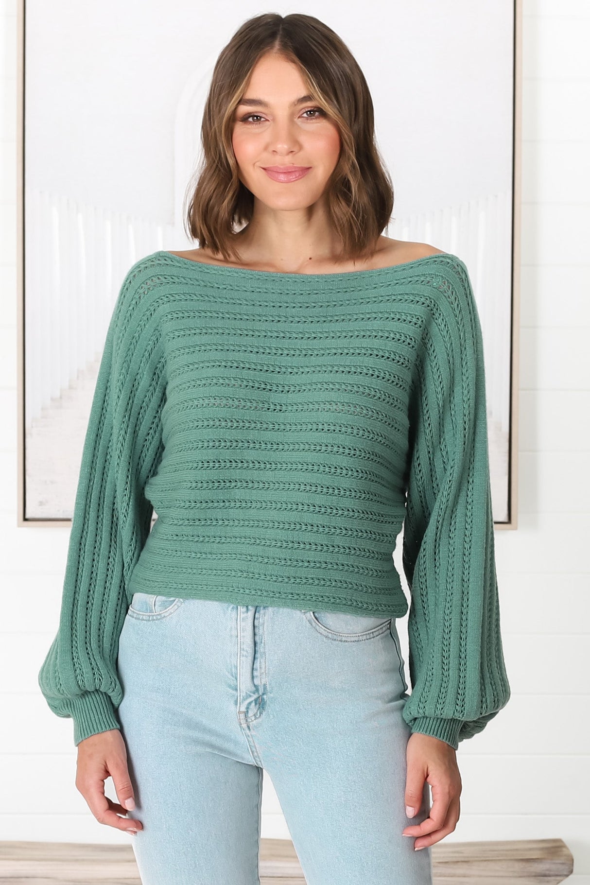 Celina Knit Top - Open Knit Stitch Boat Neckline Top in Sage