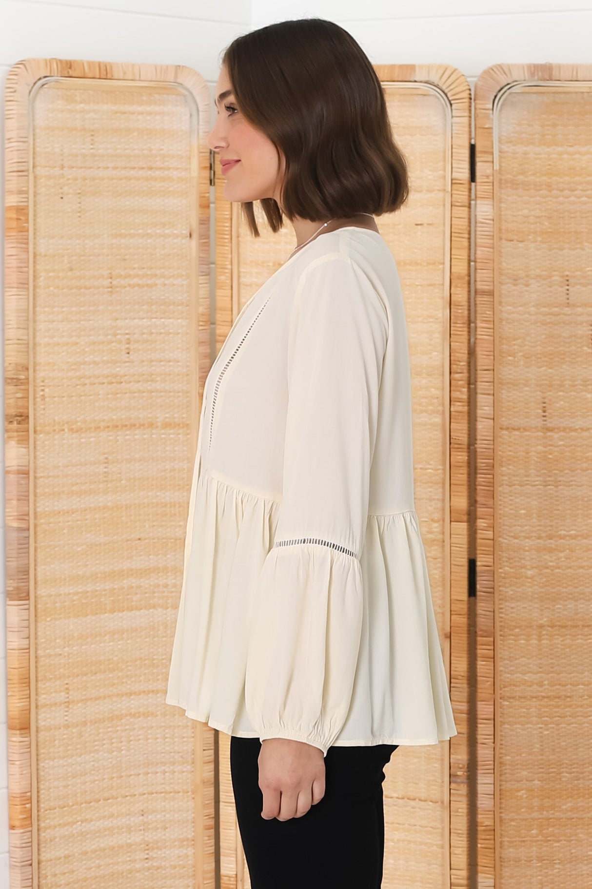 Alexia Top - V Neck Smock Top With Crochet Insert Details In Cream