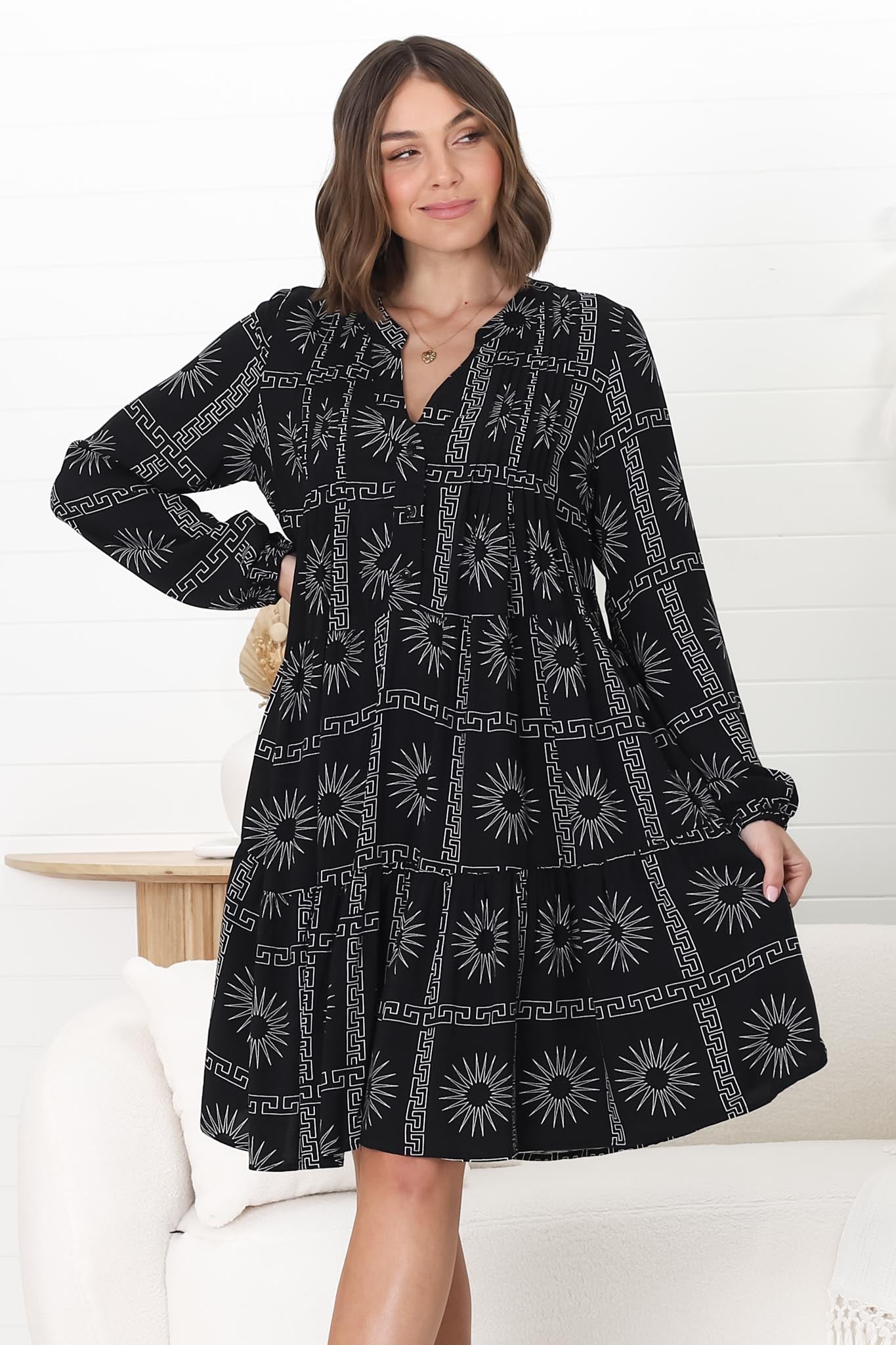 Donna Mini Dress - Mandarin Collar Pintuck Detailed Smock Dress in Astra Print Black