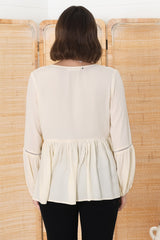 Alexia Top - V Neck Smock Top With Crochet Insert Details In Cream