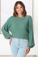 Celina Knit Top - Open Knit Stitch Boat Neckline Top in Sage