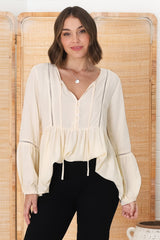 Alexia Top - V Neck Smock Top With Crochet Insert Details In Cream