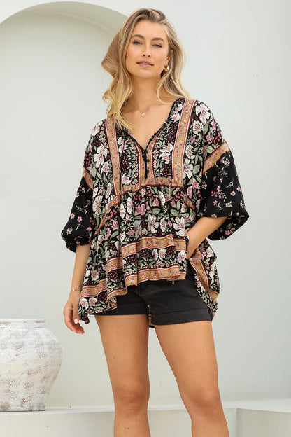 JAASE - Chloe Top: Very Oversized Crochet Trim Neckline Smock Top in Eternity Print